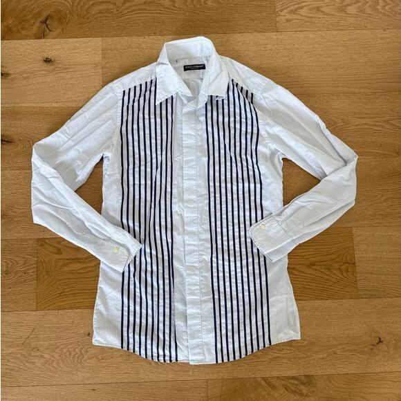 Dolce & Gabanna - Striped Button Down Dress Shirt in White & Blue - Picture 1 of 4